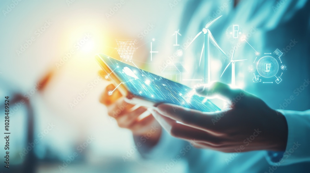 A person using a smartphone with futuristic icons representing technology and renewable energy, symbolizing innovation. A person using a smartphone with futuristic icons representing technology and renewable energy, symbolizing innovation.