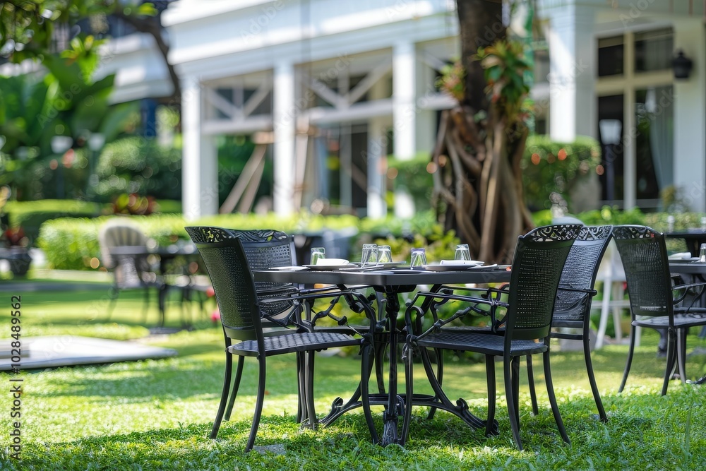 Elegant black outdoor dining table and chairs set in a lush garden with green grass, in front of a modern white hotel building in Bangkok, Thailand. Elegant black outdoor dining table and chairs set in a lush garden with green grass, in front of a modern white hotel building in Bangkok, Thailand.
