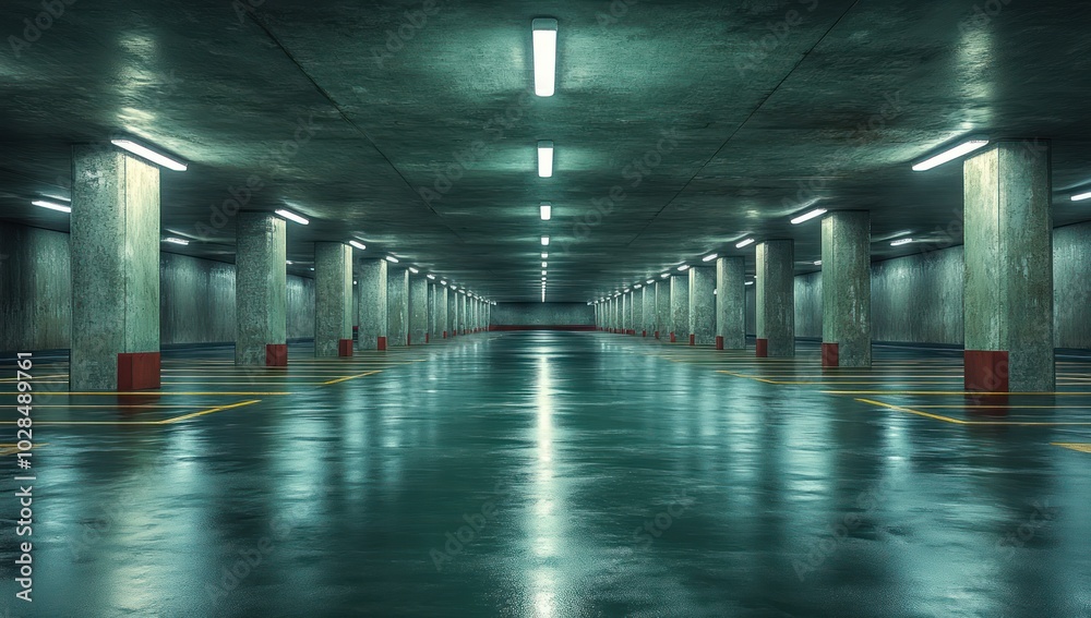 Fototapeta premium Empty Parking Garage with Wet Floor