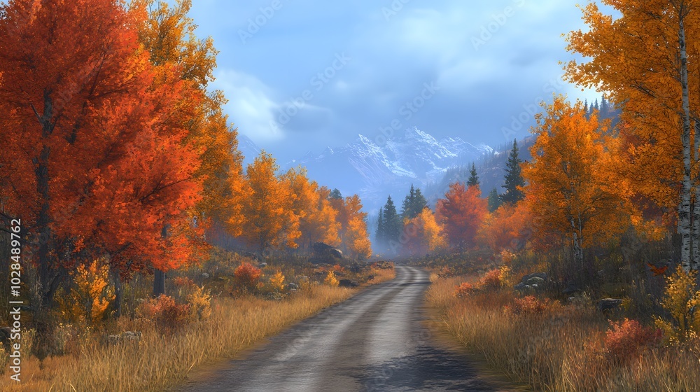 141. A quiet road leading through a colorful autumn landscape 141. A quiet road leading through a colorful autumn landscape