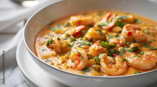 Delicious shrimp dish in creamy sauce, garnished with fresh herbs and vegetables, perfect for seafood lovers. Enjoy rich flavors and vibrant colors!