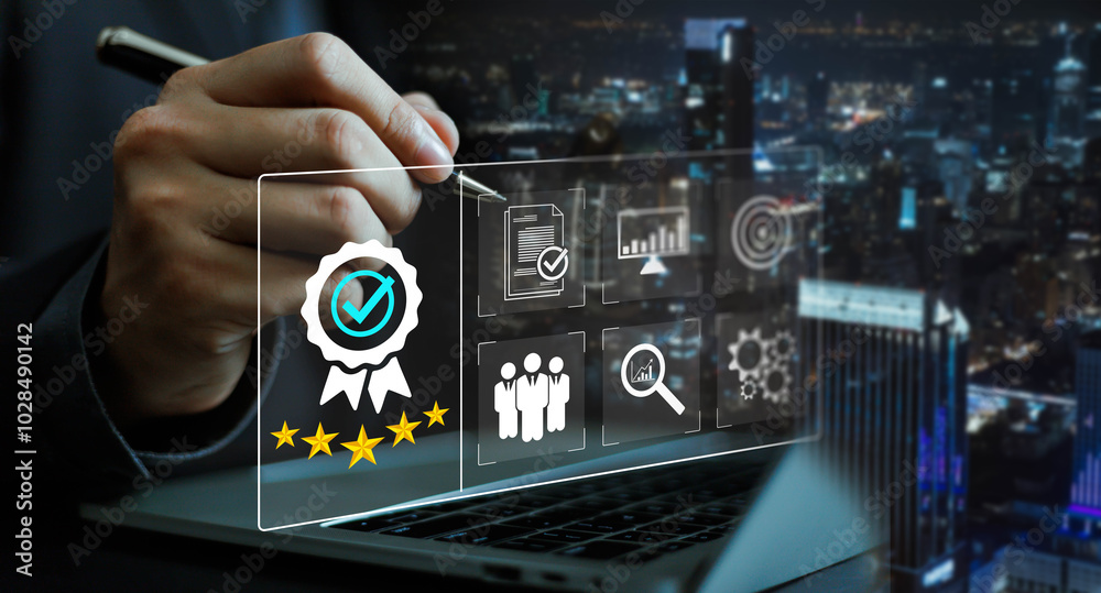 Businessman holding quality certification mark, audit, business, assurance, control, digital, service, complete, assessment, checklist, data with quality icon. Businessman holding quality certification mark, audit, business, assurance, control, digital, service, complete, assessment, checklist, data with quality icon.
