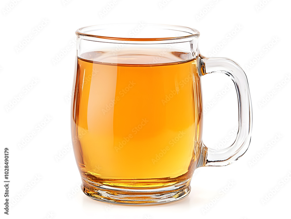 A clear cup with a handle filled with apple juice, isolated on white background A clear cup with a handle filled with apple juice, isolated on white background