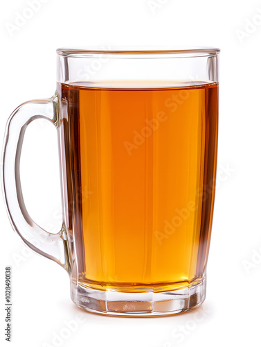 A clear cup with a handle filled with apple juice, isolated on white background