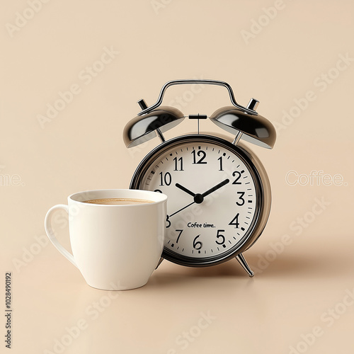 A cup of coffee with latte art next to a vintage alarm clock, symbolizing the morning routine and time for coffee. photo