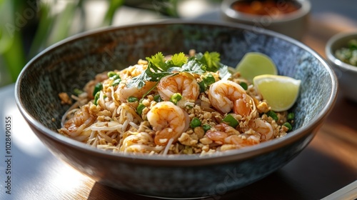 A Bowl of Pad Thai with Shrimp and Lime Wedge