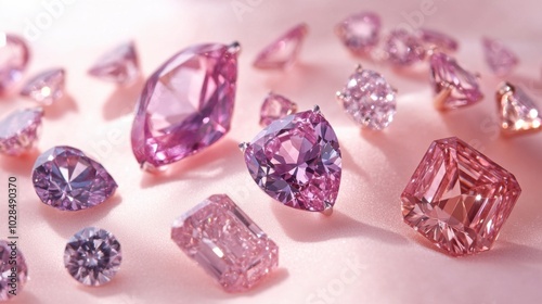 A dazzling display of sparkling diamonds in various shades of pink, set against a soft pink backdrop, creating a luxurious and opulent gemstone collection.