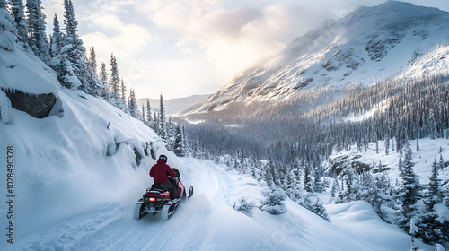 A snowmobile rider navigating a steep ravine with snow cascading down from the ridges above.