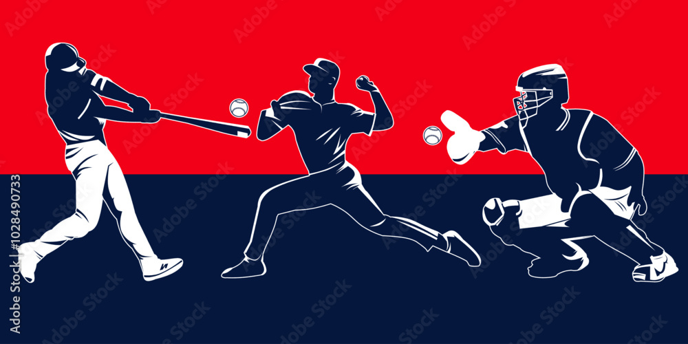 Fototapeta premium Collection of vector silhouettes of baseball players, silhouette designs, baseball poses, pitcher, catcher ,batting