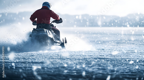 A snowmobile rider performing a drift on a frozen lake with ice shards flying as the machine powers through the turn. photo