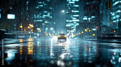 Light rain falling on a city street at night, wet weather, reflections on the pavement