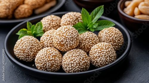 A plate of sesame seeds and jaggery sweets with decorative bowls of sugarcane and fresh produce, symbolizing the traditional foods of Makar Sankranti 