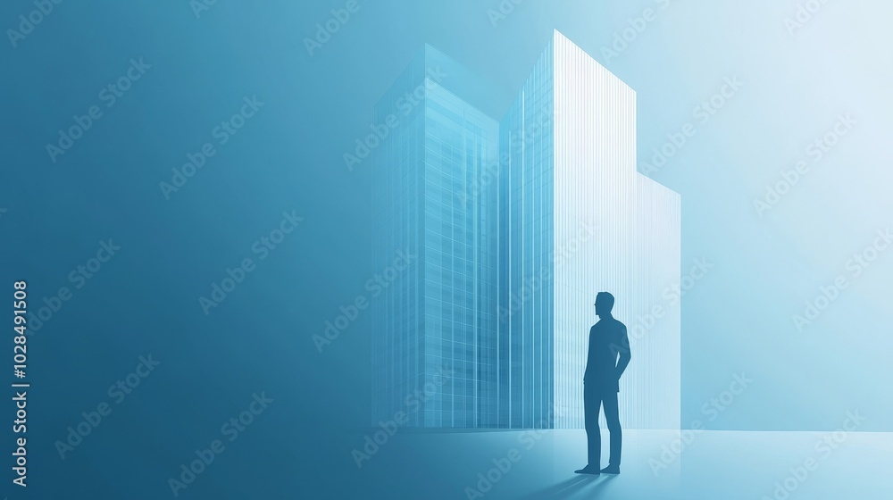 A silhouette of a person standing before abstract modern buildings, symbolizing ambition and future opportunities. A silhouette of a person standing before abstract modern buildings, symbolizing ambition and future opportunities.