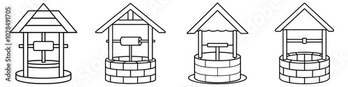line art vector illustration collection of water well . isolate on a white background. SVG and PNG
