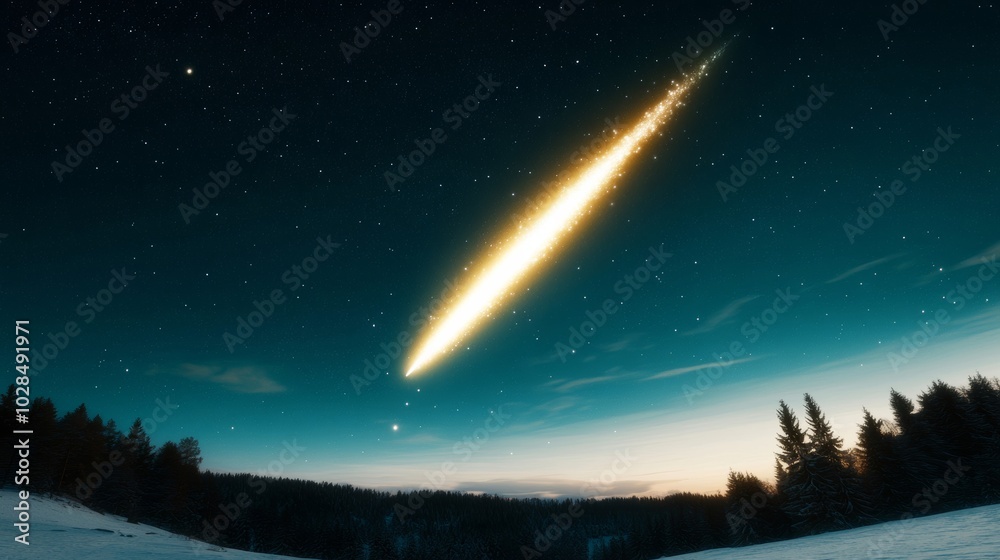 Fototapeta premium Bright comet streaking across the night sky, illuminating the path of travelers below, marking the Epiphany and the guiding star 