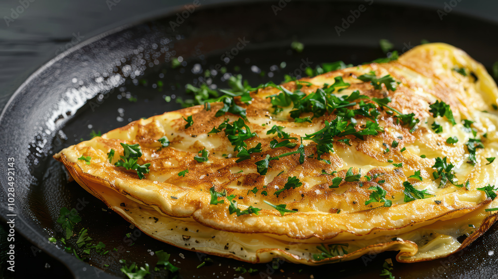 Delicious omelette garnished with fresh parsley, served on black plate, showcasing golden brown texture and savory appearance. Perfect for breakfast or brunch!