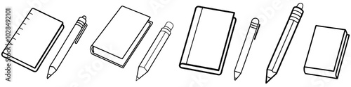 line art vector illustration collection of pencil and notebook . isolate on a white background. SVG and PNG

