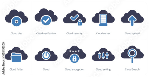 A set of 10 big data icons as cloud disc, cloud verification, cloud security