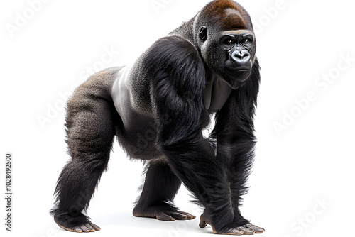 Strong gorilla roaring and standing isolated on white background