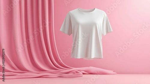 A clean, white t-shirt showcased against a soft pink background with draped fabric. Ideal for fashion branding and presentations.
