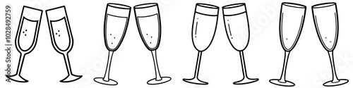 line art vector illustration collection of champagne glasses . isolate on a white background. SVG and PNG
