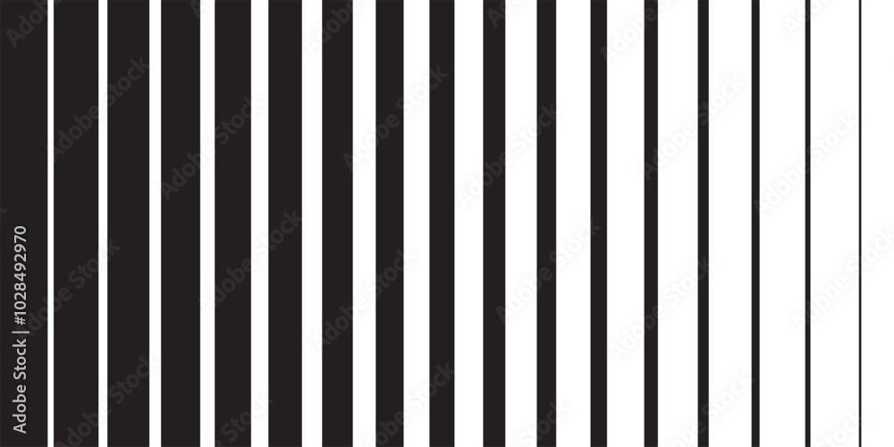 Black striped halftone gradient lines texture. Fading vertical stripes gradation background from thin to thick. Black halftone parallel lines pattern isolated on white vector illustration.