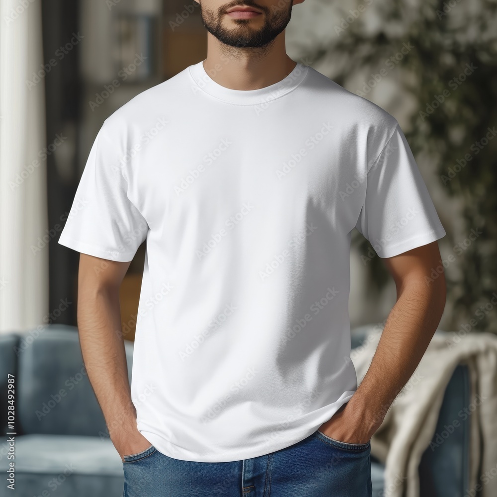 Men's white t shirt mockup. Young male model short sleeve shirt mockup. Men's basic shirt, casual t-shirt, front view, indoors background. Blank Gildan 5000 template Men's white t shirt mockup. Young male model short sleeve shirt mockup. Men's basic shirt, casual t-shirt, front view, indoors background. Blank Gildan 5000 template