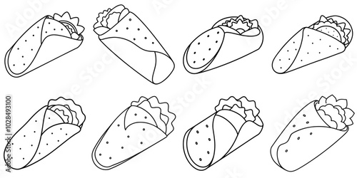 line art vector illustration collection of burrito . isolate on a white background. SVG and PNG
