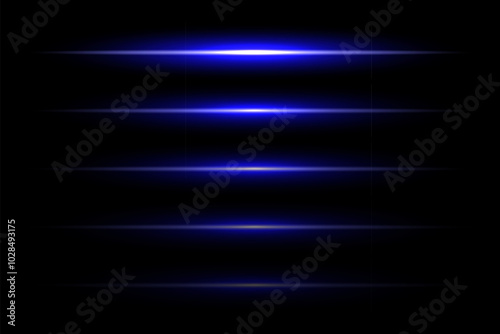 Neon light laser blue lines with flash effect. Abstract night electric beams, fluorescent led light rays. Modern futuristic vector collection isolated on black background.