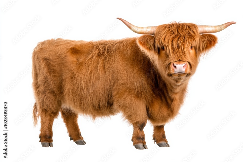 Small brown cow stands in front of a white background. The cow has a tag on its ear and he is looking at the camera. highland cattle with a solid white background Small brown cow stands in front of a white background. The cow has a tag on its ear and he is looking at the camera. highland cattle with a solid white background