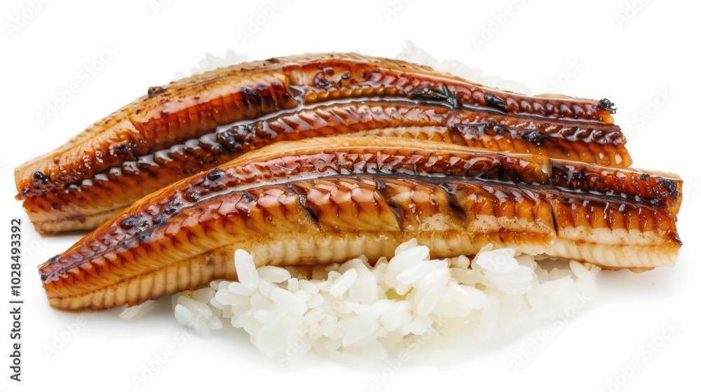 Delicious grilled eel served on bed of fluffy white rice, showcasing rich glaze and appetizing texture. This dish is perfect for seafood lovers Delicious grilled eel served on bed of fluffy white rice, showcasing rich glaze and appetizing texture. This dish is perfect for seafood lovers