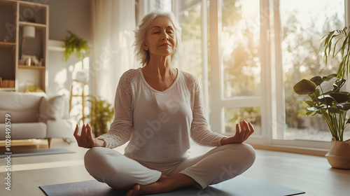 Senior woman meditating with closed eyes at home while sitting on yoga mat 