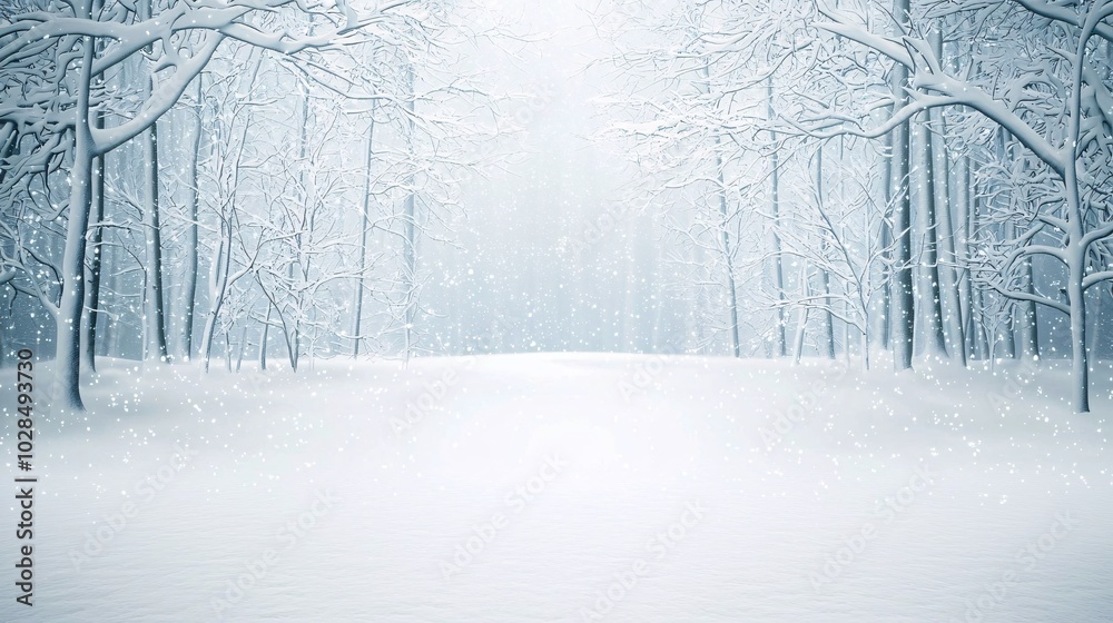 Fototapeta premium Snowflakes gently falling in a quiet forest, winter weather, serene and peaceful