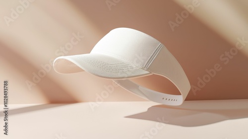 A realistic mockup of a white cap displayed elegantly on a minimalistic surface, showcasing stylish design elements and shadows. photo