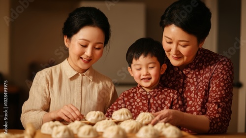 Family gathered around a table, making dumplings together, with children laughing and elders sharing stories, capturing the warmth of Lunar New Year traditions 