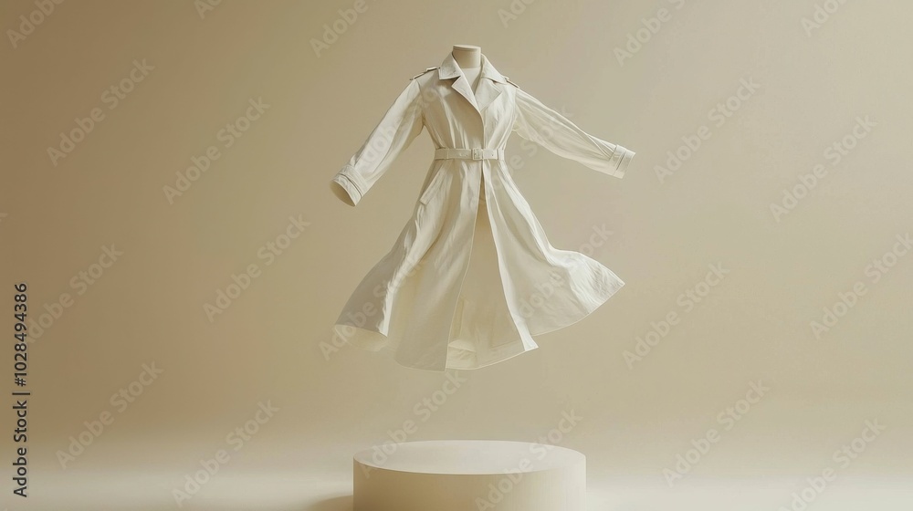 A floating white trench coat on a minimalistic pedestal, emphasizing modern fashion design with an aesthetic backdrop. A floating white trench coat on a minimalistic pedestal, emphasizing modern fashion design with an aesthetic backdrop.