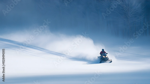 A snowmobile speeding through a wide-open snowy field leaving a trail of powder in its wake.