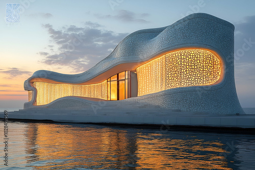 A large white building with a curved roof and a lot of windows. The building is lit up with lights and the water in front of it is calm photo