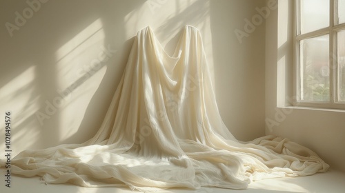 A soft, flowing white fabric drapes against a light beige wall, with gentle sunlight casting soft shadows, perfect for a calming interior design.