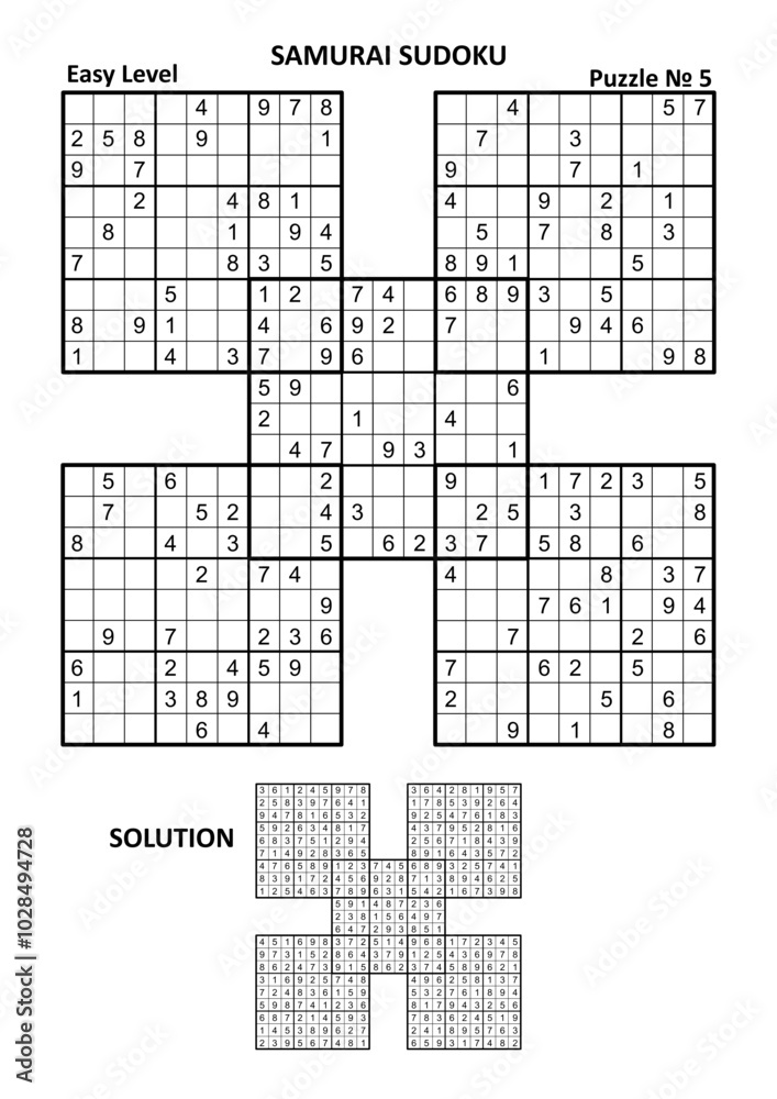 Samurai sudoku puzzle game № 5. Easy level. Answer, or solution, included.
Samurai sudoku puzzle game № 5. Easy level. Answer, or solution, included.