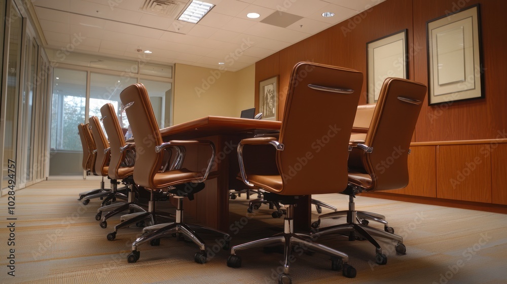 Brown leather office chairs around a wooden table in a meeting room. Brown leather office chairs around a wooden table in a meeting room.