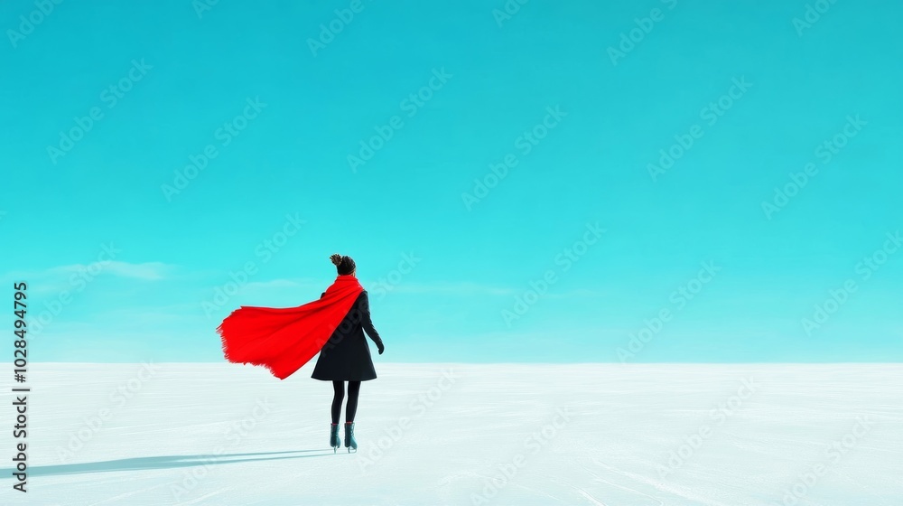 Fototapeta premium Graceful skater in a vibrant red scarf glides joyfully across a frozen lake under a clear azure sky