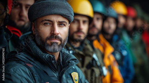 Group of men wearing helmets and jackets are standing in a line. man in the middle is wearing a black hat and a black jacket. Arab man in modern, casual attire, representing a variety of professions