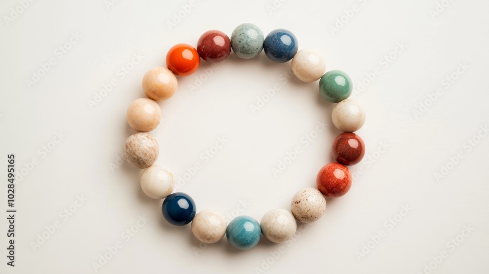 Interwoven prayer beads, each bead representing a different faith, laid out in a circle on a soft, neutral background Interwoven prayer beads, each bead representing a different faith, laid out in a circle on a soft, neutral background