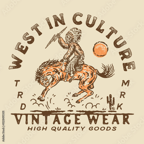 skull illustration Indian graphic rodeo design cowboy badge horse vintage western