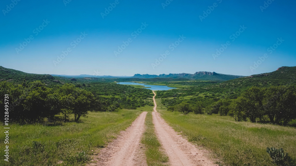 A dirt road leads down a hill towards a lake in a rural landscape. A dirt road leads down a hill towards a lake in a rural landscape.