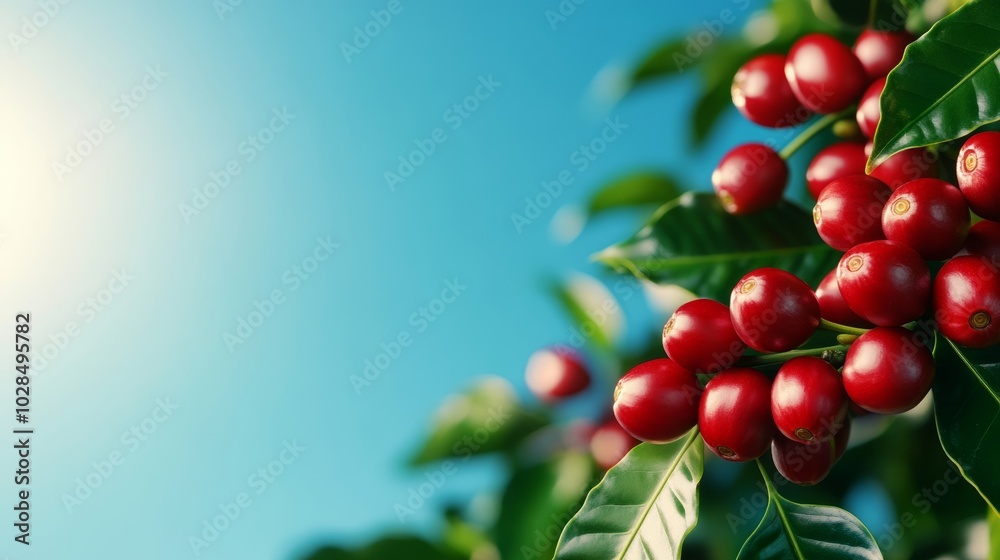 Fototapeta premium Lush coffee tree with ripe red coffee cherries hanging from its branches, vibrant green leaves glowing in the sunlight, set against a clear blue sky