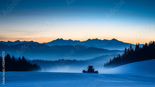 A snow groomer at dawn preparing the ski slopes for the day with mountains silhouetted against the sky.