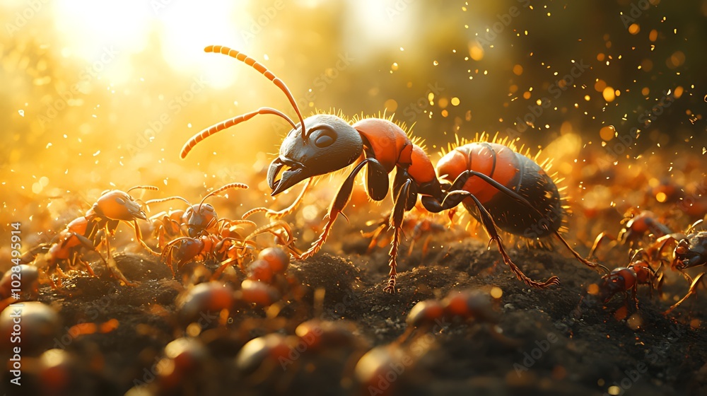 A single red ant stands out from the colony in the sunlight. A single red ant stands out from the colony in the sunlight.