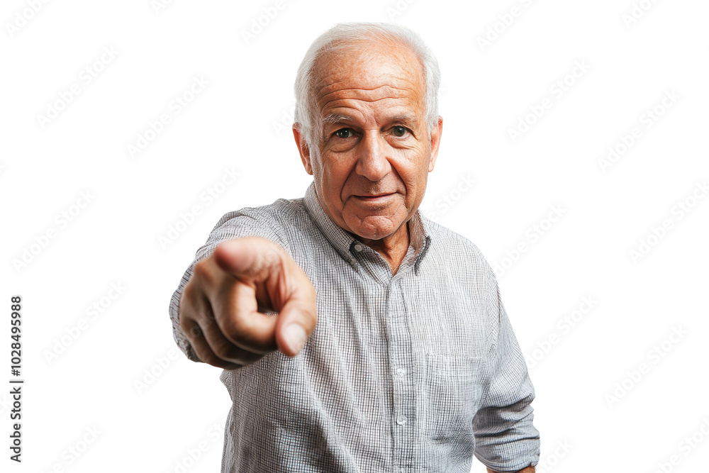 Portrait of an elderly man pointing forward with a welcoming gesture on a transparent background Portrait of an elderly man pointing forward with a welcoming gesture on a transparent background